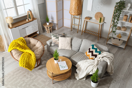 Interior of living room with sofa, armchair and Cypress trees, top view