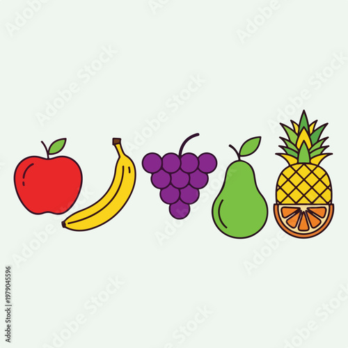 Colorful illustrated fruits apple, banana, grapes, pear, and pineapple