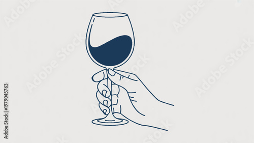 A minimalist line art illustration of a hand holding a wine glass.