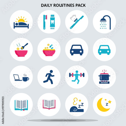 Colorful illustrated icons of daily routines, including morning and evening activities