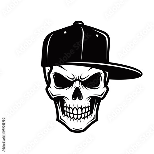 A menacing skull wearing a backward baseball cap, rendered in a bold black and white graphic style.