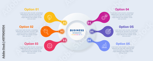 Modern colorful business infographic template featuring six numbered options connected to a circular center layout.