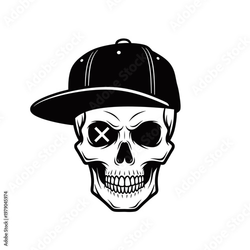 A black and white illustration of a skull wearing a backward baseball cap, with an 'X' over one eye socket.