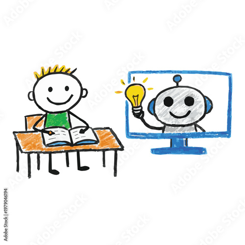 A simple vector cartoon of a stickman child studying with a robot companion, symbolizing AI technology, learning, and future education in a clean and playful style.