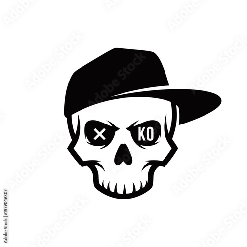 A stylized black and white graphic of a skull wearing a backward baseball cap, with 'X' and 'KO' in its eye sockets.