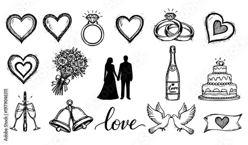 Love doodle icons black and white vector set with wedding and romantic elements