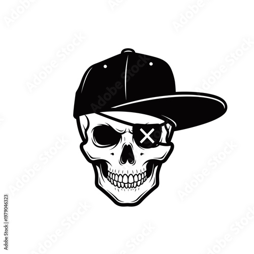 A cool black and white illustration of a skull wearing a backwards baseball cap and an eye patch with an X.