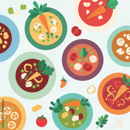 Colorful illustrated image of various bowls filled with different soups and ingredients
