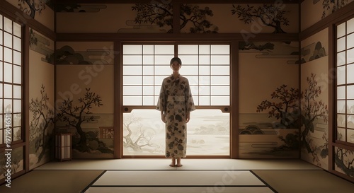 Woman in traditional garment standing by window in artistic room