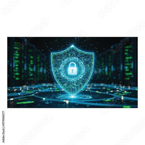 Advanced cybersecurity shield protecting networks, detecting threats, preventing breaches, ensuring data integrity
