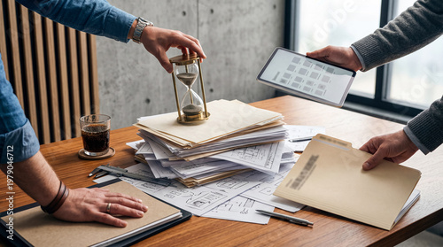 Tableau sur toile Close-up of multiple hands working on a cluttered office desk with documents, hourglass, and tablet