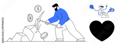 Cryptocurrency, blockchain, digital currency, technology, financial automation, economic growth. Worker mining crypto coins, robot multitasking and a heart symbol. Cryptocurrency and blockchain