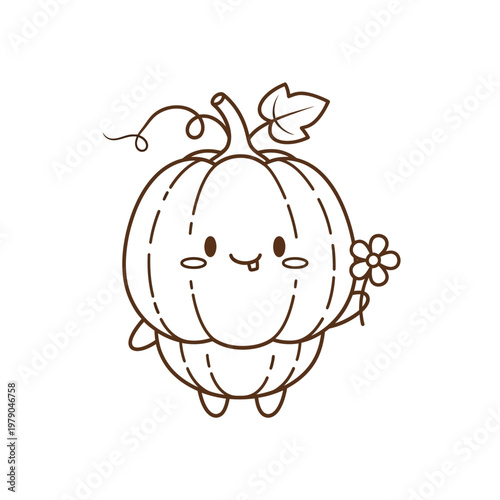 A cute cartoon pumpkin with a flower in its hand stands on a white background.