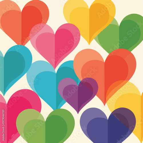 Colorful, overlapping heart shapes on a cream-colored background
