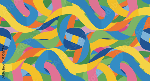 Colorful, overlapping abstract ribbons in shades of blue, yellow, and green