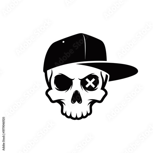 Stylized black and white skull wearing a baseball cap with an 'X' in one eye socket, graphic design illustration.