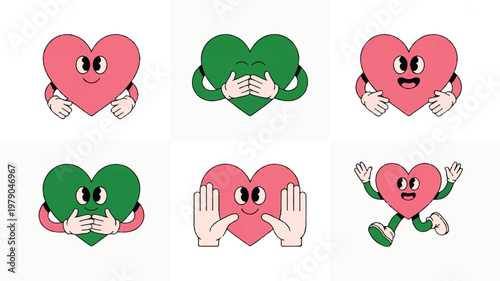 A set of six heart emojis with hands covering their faces in different emotive poses.