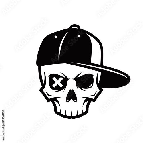 Black and white graphic illustration of a cool skull wearing a backward baseball cap with an X on one eye.