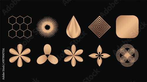 A set of ten minimalist black and white shapes are arranged on a plain background