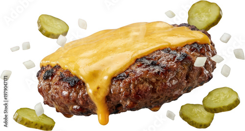 Delicious grilled beef patty topped with melted cheddar cheese surrounded by pickles and diced onions 168 characters burger cheeseburger topping dripping cucumber gherkin