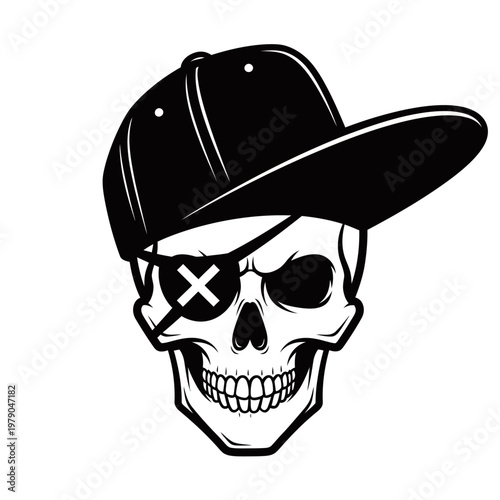 A black and white illustration of a skull wearing a baseball cap and an eyepatch.