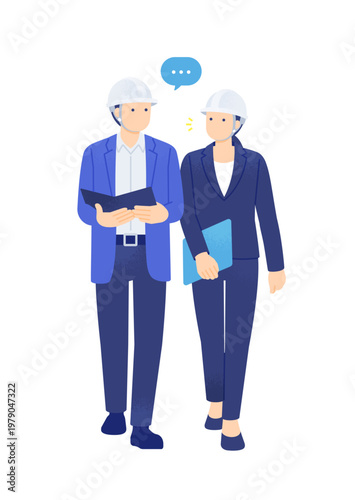 歩きながら打ち合わせをするヘルメット姿の男女　ビジネスパーソンの全身ベクターイラスト素材