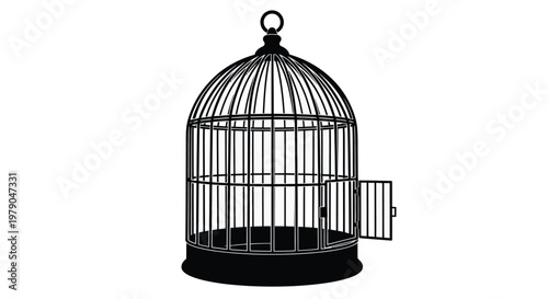 An empty black birdcage with an open door sits on a white background.