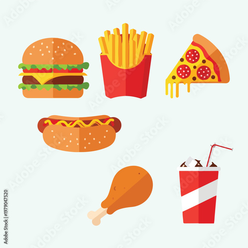 Flat illustration of several fast food items, on a solid light-green background