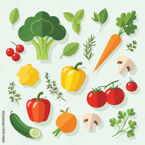 Flat illustration of various colorful vegetables, herbs, and mushrooms