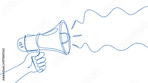 A hand holds and uses a megaphone to amplify sound waves outside