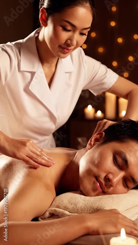 A professional therapist performs a relaxing back massage for a client in a dimly lit spa room with warm candlelight