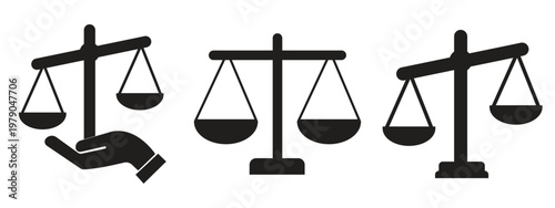 Minimalist vector illustration of scales of justice in black and white. Editable stroke. 
