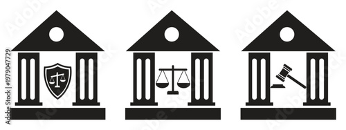 Law and justice icon collection in black. Set includes courthouse