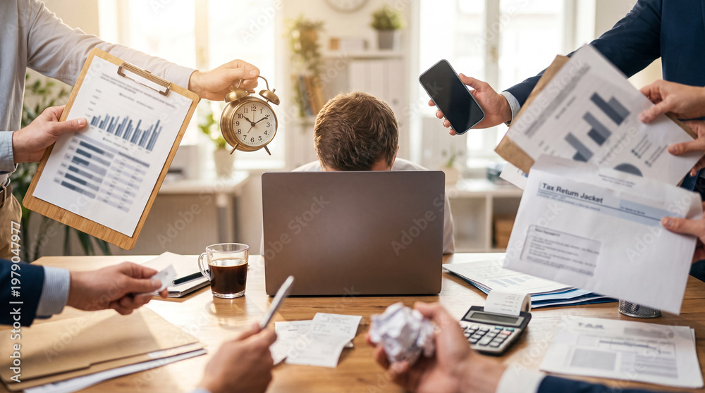 Αυτοκόλλητο Overwhelmed businessman buried under immense workload with head in hands, surrounded by demanding tasks and deadlines