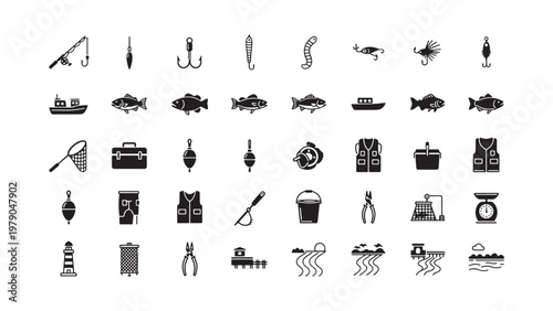 Fishing icons, seafood symbols, fishing tools, 40 black and white vector graphics