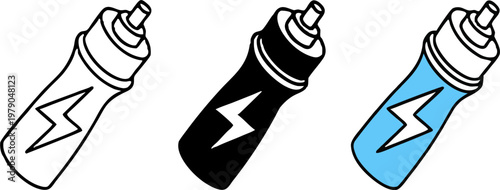 Sports Energy Drink and Electrolyte Water Bottle Icon Collection in 3 Styles Line, Solid, and Colored Vector for Fitness Nutrition