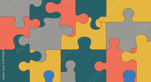 Colorful puzzle pieces in various hues interlocked