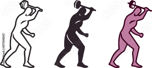 Bodybuilder Sledgehammer Workout and Muscle Growth Icon Set in Outline, Silhouette, and Flat Styles for Gym and Fitness Training