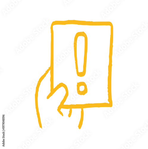 Soccer yellow card, referee hand holding warning card, doodle sport foul, football penalty concept, crayon wax, rough sketch element