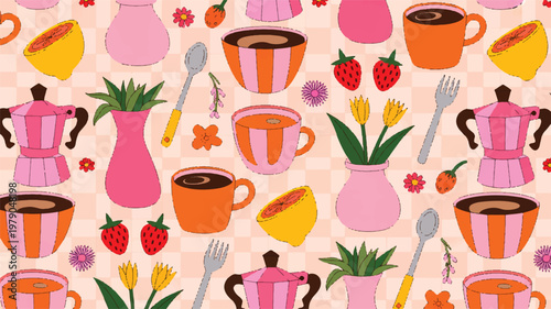 A vibrant whimsical pattern featuring people enjoying food and drinks with utensils and plants in a lively setting.