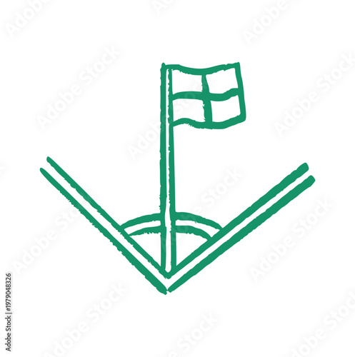 Soccer corner flag, hand drawn football pitch corner, doodle stadium element, crayon wax texture, match kick point, rough sketch icon