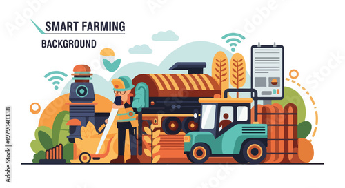 Colorful vector illustration depicts a smart farming concept with technology