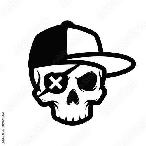 A black and white illustration of a skull wearing a baseball cap and an eyepatch.