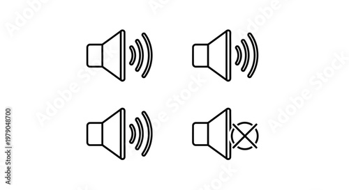 Four black and white speaker icons representing volume control and mute options