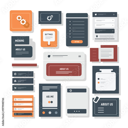 Flat UI design elements with icons, buttons, and mobile app components