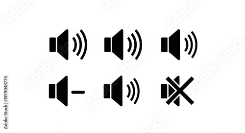 Black and white volume control icons a set representing sound levels and mute options