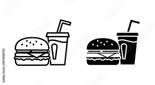 Black and white line art illustration of fast food combo meals with burgers and drinks