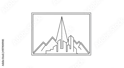 Modern Cityscape Silhouette with Mountain Peaks in Geometric Outline Style