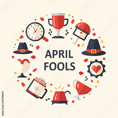 Flat vector graphic celebrating April Fools' Day. Many icons around text