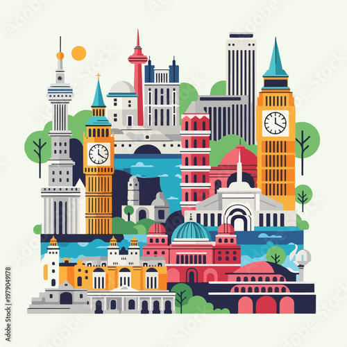 Colorful vector illustration of famous architectural landmarks in a cityscape